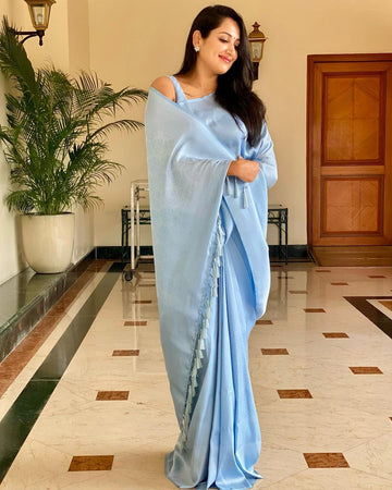 SKY PURE SOFT SILK SAREE WITH LOVELY BLOUSE PIECE