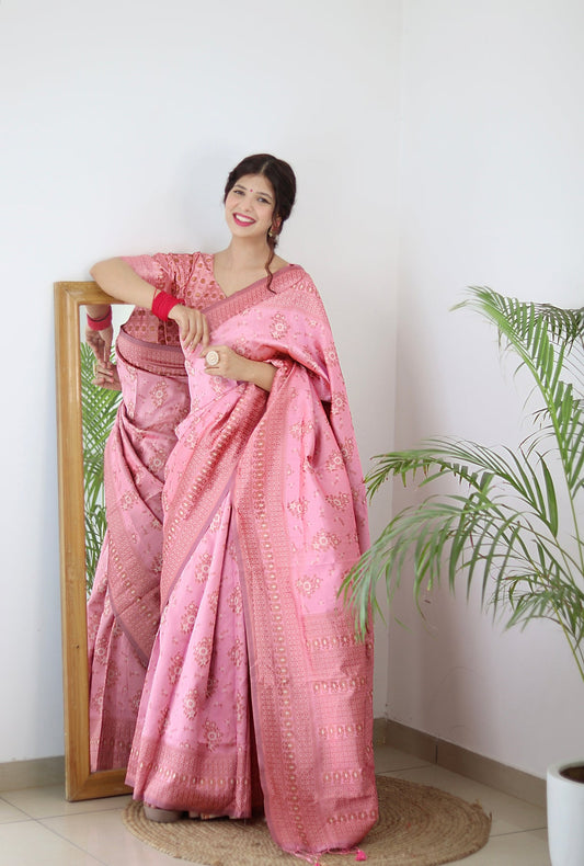 BABY PINK PURE SOFT SILK SAREE WITH TWIRLING BLOUSE PIECE