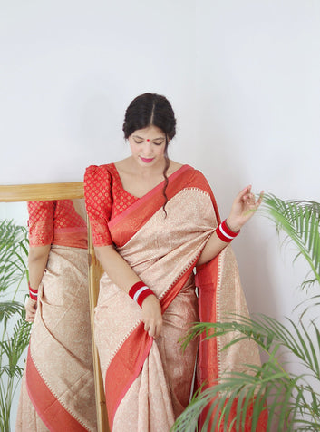 CREAM WITH ORANGE BORDER PURE SOFT SILK SAREE WITH TWIRLING BLOUSE PIECE