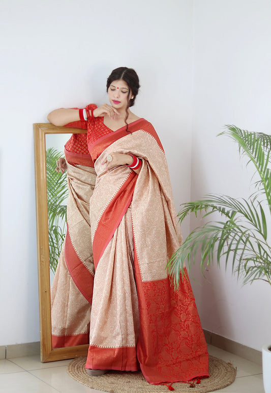 CREAM WITH ORANGE BORDER PURE SOFT SILK SAREE WITH TWIRLING BLOUSE PIECE