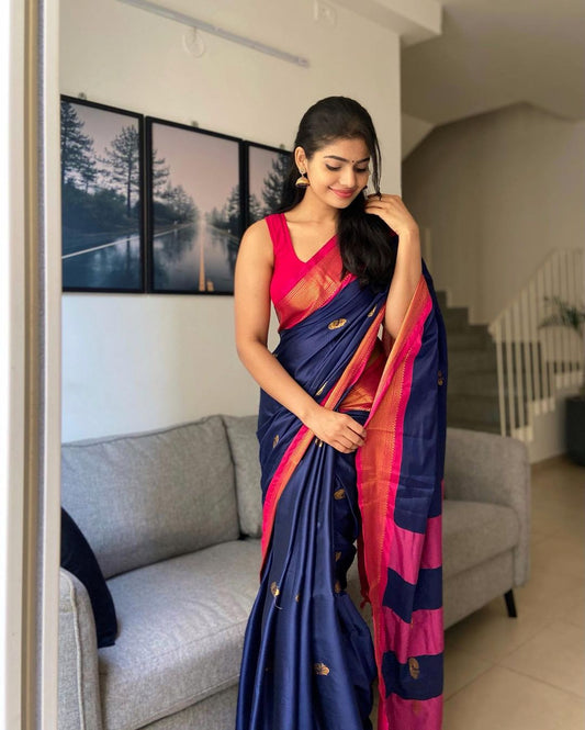 BLUE & PINK PURE SOFT SILK SAREE WITH TWIRLING BLOUSE PIECE