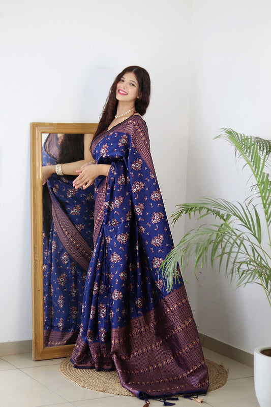 BLUE PURE SOFT SILK SAREE WITH TWIRLING BLOUSE PIECE