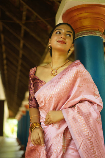 BABY PINK PURE SOFT SILK SAREE WITH TWIRLING BLOUSE PIECE