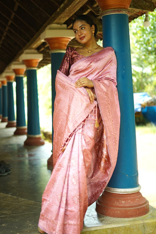 BABY PINK PURE SOFT SILK SAREE WITH TWIRLING BLOUSE PIECE