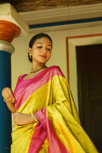 LIME PURE SOFT SILK SAREE WITH TWIRLING BLOUSE PIECE