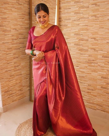 PLEASURABLE MAROON PURE SOFT BANARASI SILK SAREE WITH SNAZZY BLOUSE PIECE