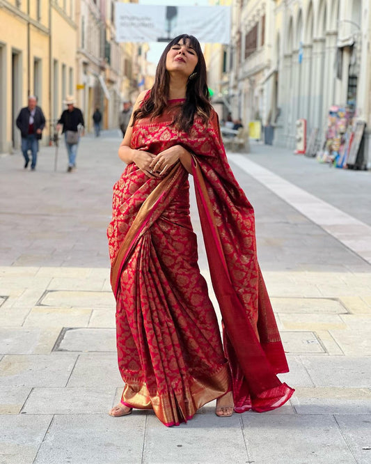 RED PURE SOFT SILK SAREE WITH MOIETY BLOUSE PIECE