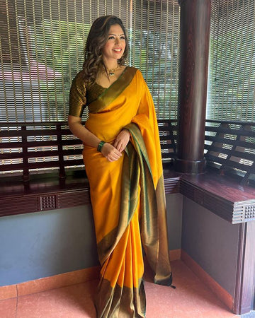 YELLOW & GREEN PURE SOFT SILK SAREE WITH ENERGETIC BLOUSE PIECE