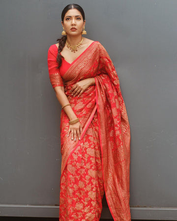 QUINTESSENTIAL RED PURE SOFT BANARASI SILK SAREE WITH MAGNIFIC BLOUSE PIECE