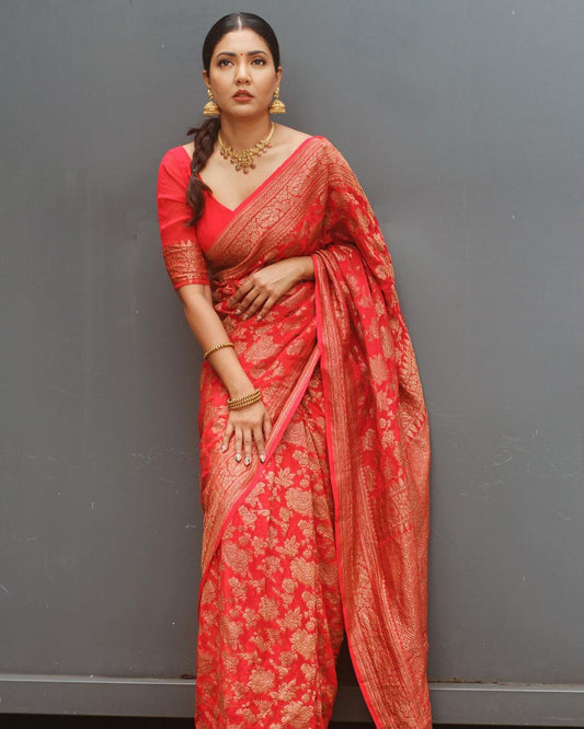 QUINTESSENTIAL RED PURE SOFT BANARASI SILK SAREE WITH MAGNIFIC BLOUSE PIECE