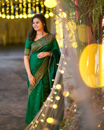 GREEN PURE SOFT SILK SAREE WITH MAGNIFIC BLOUSE PIECE