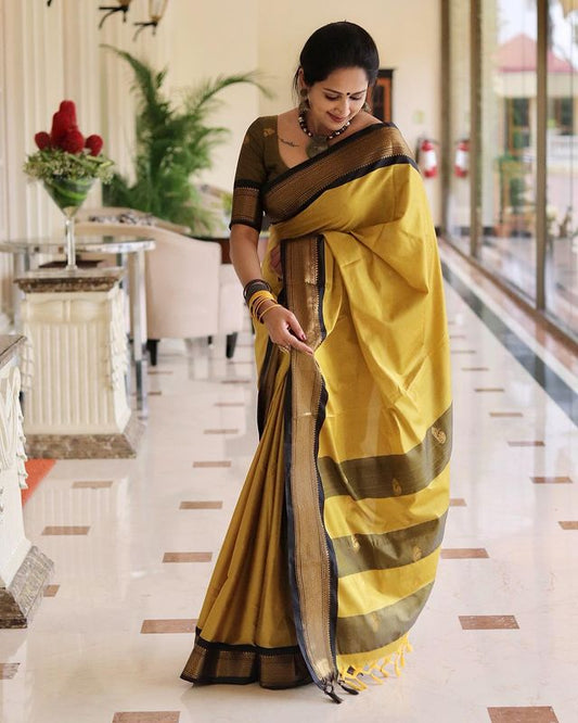 SYMMETRICAL YELLOW & BLACK PURE SOFT SILK SAREE WITH ENGROSSING BLOUSE PIECE