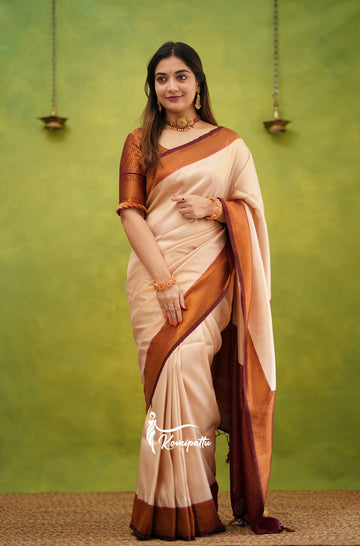 CREAM & MAROON PURE SOFT SILK SAREE WITH TWIRLING BLOUSE PIECE