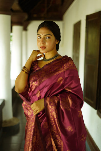 WINE PURE SOFT SILK SAREE WITH TWIRLING BLOUSE PIECE