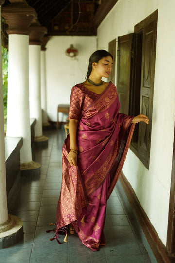WINE PURE SOFT SILK SAREE WITH TWIRLING BLOUSE PIECE