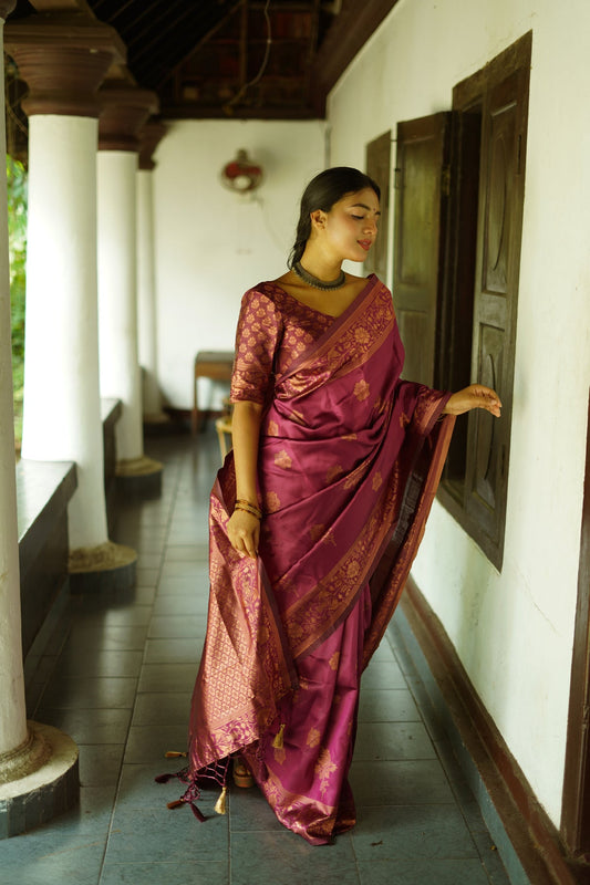 WINE PURE SOFT SILK SAREE WITH TWIRLING BLOUSE PIECE