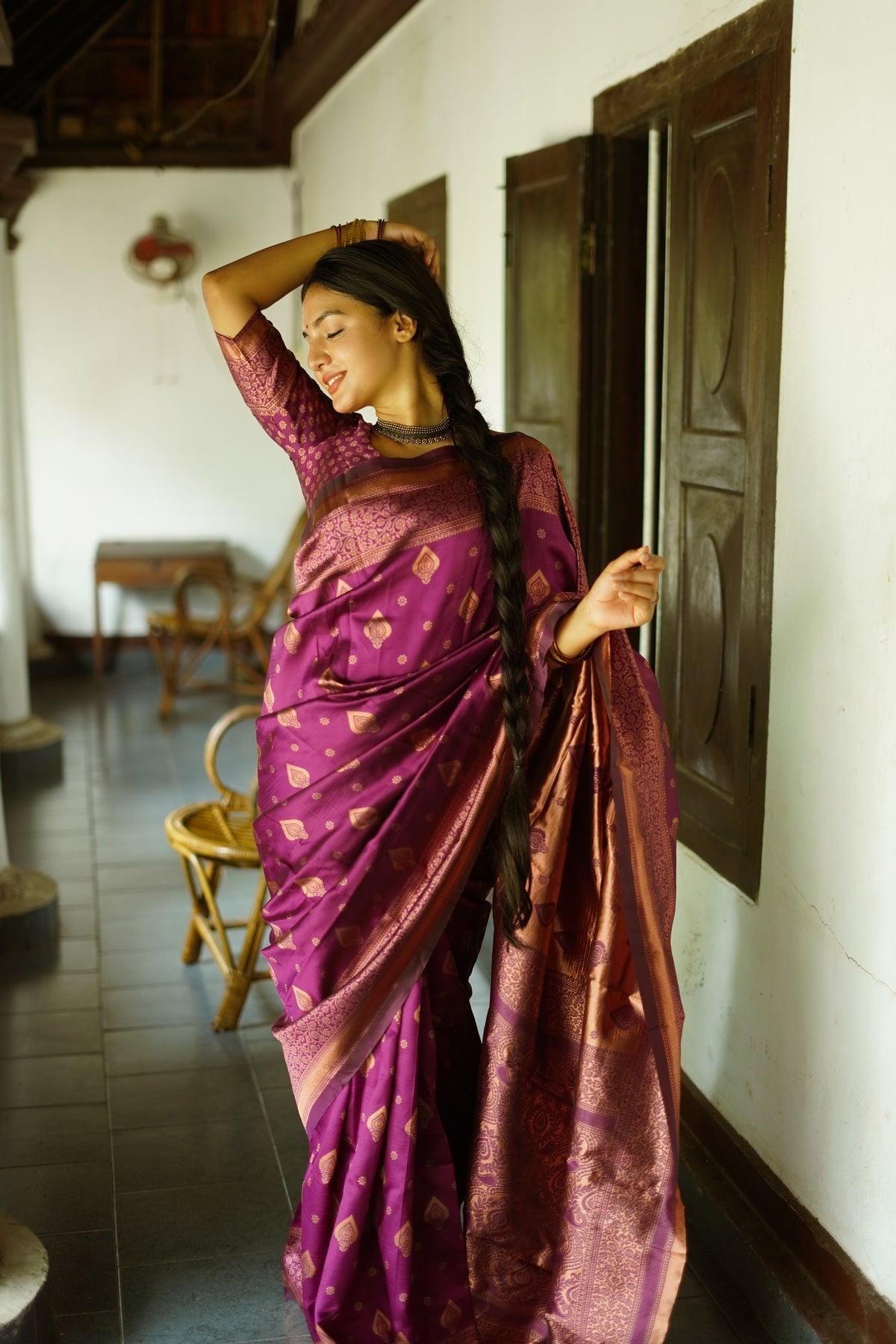 WINE PURE SOFT SILK SAREE WITH TWIRLING BLOUSE PIECE