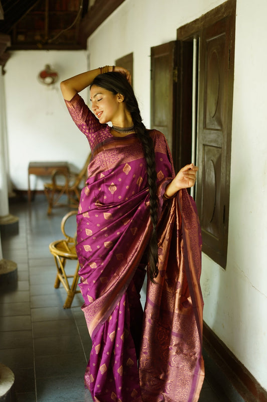 WINE PURE SOFT SILK SAREE WITH TWIRLING BLOUSE PIECE