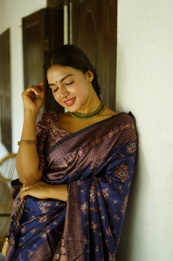 BLUE PURE SOFT SILK SAREE WITH TWIRLING BLOUSE PIECE