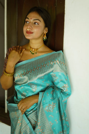 TURQUOISE PURE SOFT SILK SAREE WITH TWIRLING BLOUSE PIECE