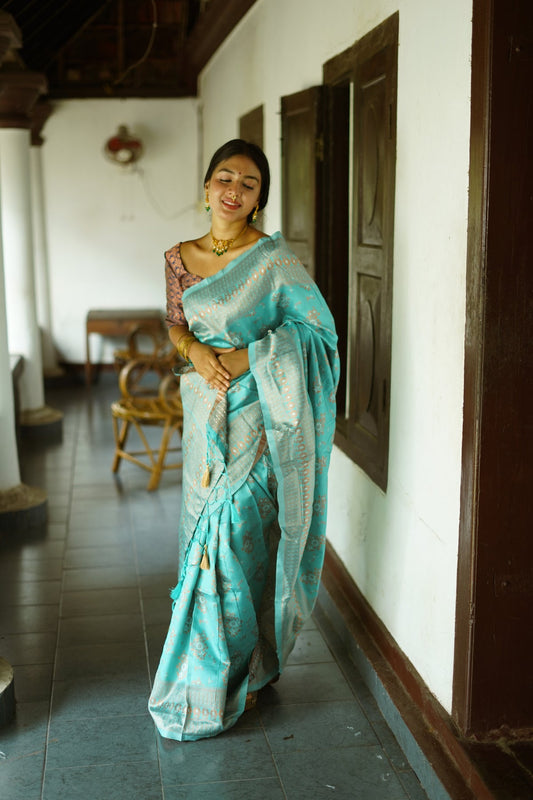 TURQUOISE PURE SOFT SILK SAREE WITH TWIRLING BLOUSE PIECE