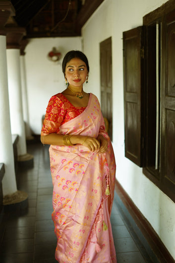 ONION PINK PURE SOFT SILK SAREE WITH TWIRLING BLOUSE PIECE