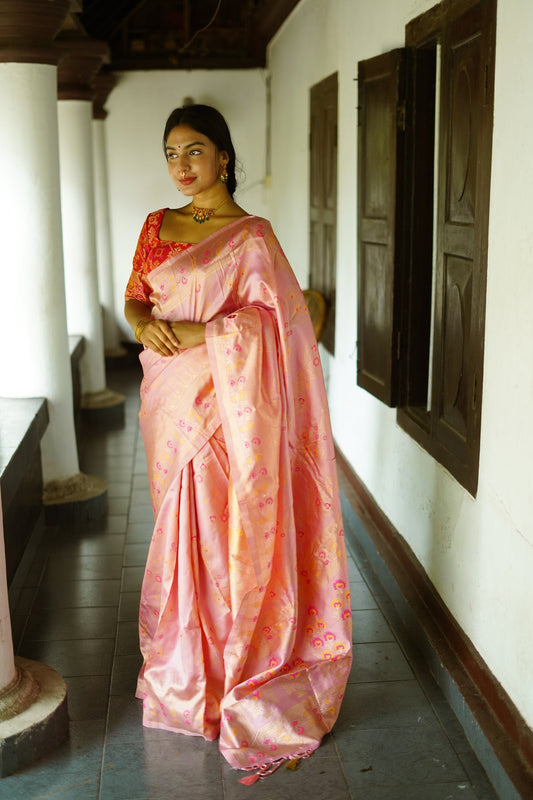 ONION PINK PURE SOFT SILK SAREE WITH TWIRLING BLOUSE PIECE