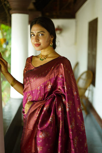 WINE PURE SOFT SILK SAREE WITH TWIRLING BLOUSE PIECE