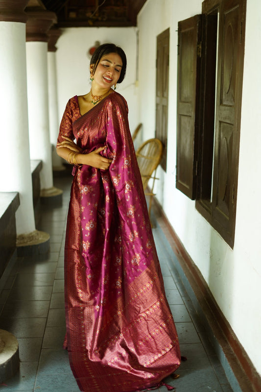 WINE PURE SOFT SILK SAREE WITH TWIRLING BLOUSE PIECE