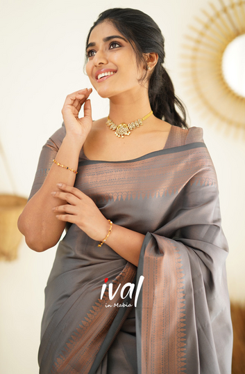 LIGHT GREY PURE SOFT SEMI SILK SAREE WITH HEAVY BROCADE BLOUSE PIECE