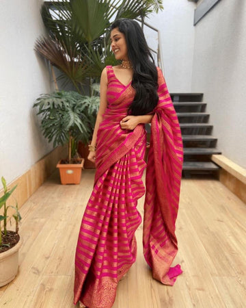 PINK PURE SEMI SILK SAREE WEAVED WITH COPPER ZARI COMES WITH ATTACHED BLOUSE.