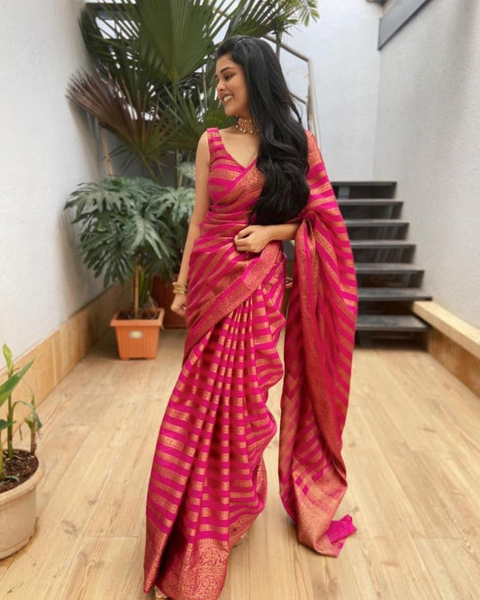 PINK PURE SEMI SILK SAREE WEAVED WITH COPPER ZARI COMES WITH ATTACHED BLOUSE.