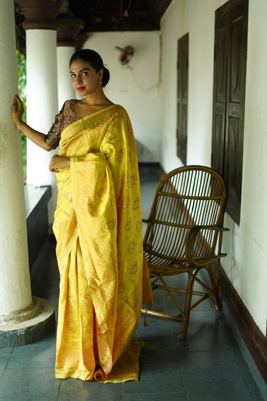 LEMON YELLOW PURE SOFT SILK SAREE WITH TWIRLING BLOUSE PIECE