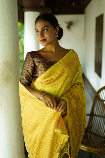 LEMON YELLOW PURE SOFT SILK SAREE WITH TWIRLING BLOUSE PIECE