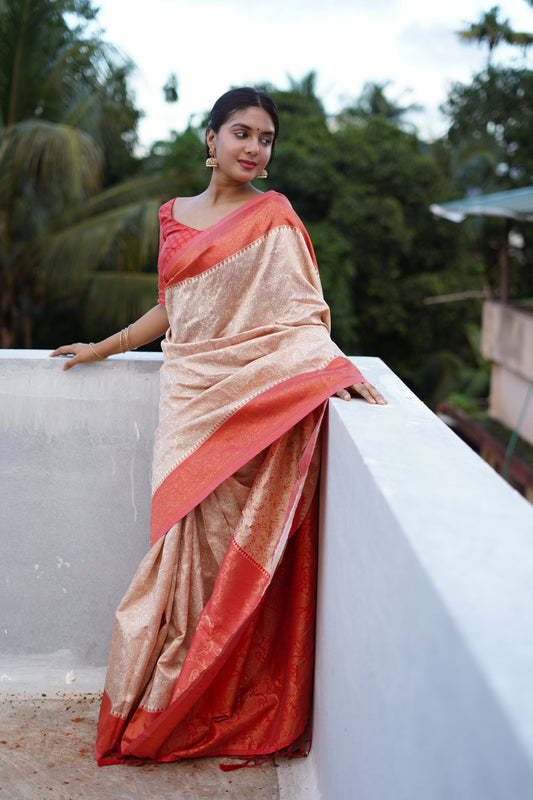 CREAM WITH PEACH COLOUR SOFT SILK SAREE WITH TWIRLING BLOUSE PIECE