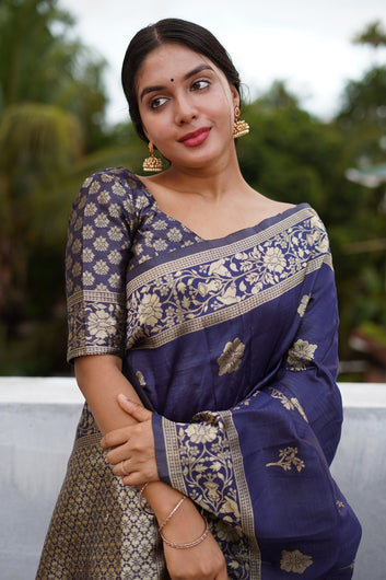 BLUE PURE SOFT SILK SAREE WITH TWIRLING BLOUSE PIECE
