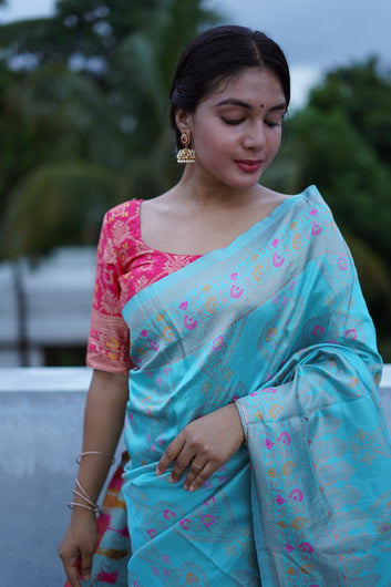 TURQUOISE PURE SOFT SILK SAREE WITH TWIRLING BLOUSE PIECE