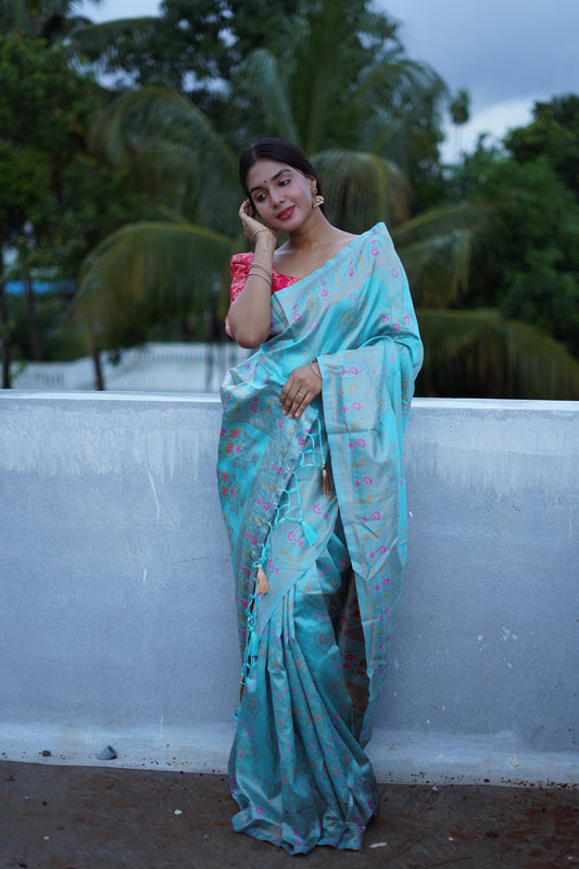 TURQUOISE PURE SOFT SILK SAREE WITH TWIRLING BLOUSE PIECE