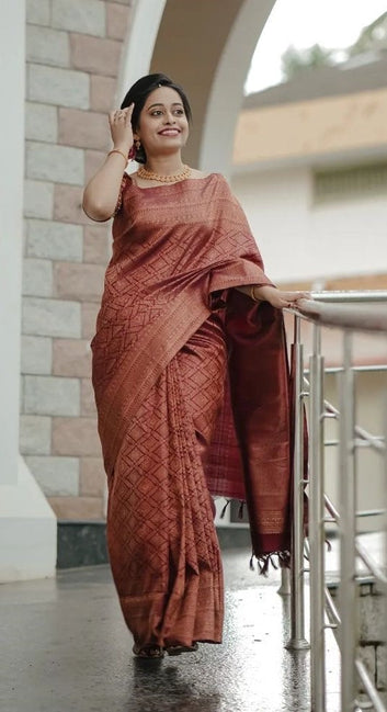 PHENOMENAL MAROON PURE SOFT SILK SAREE WITH IMBRICATION BLOUSE PIECE