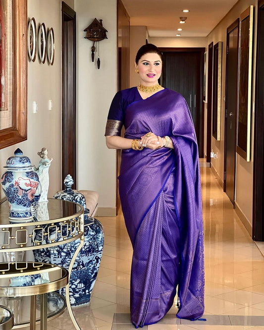 PHENOMENAL BLUE PURE SOFT BANARASI SILK SAREE WITH IMBRICATION BLOUSE PIECE