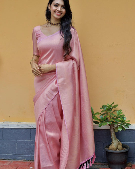 SYMMETRICAL PEACH PURE SOFT SILK SAREE WITH ENGROSSING BLOUSE PIECE