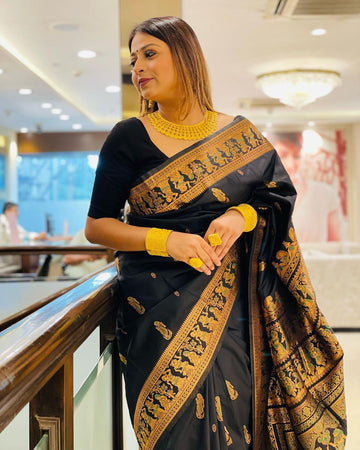 SYMMETRICAL BLACK PURE SOFT SILK SAREE WITH ENGROSSING BLOUSE PIECE