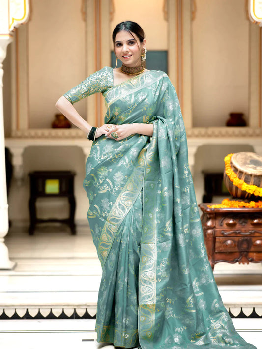 PURE SEMI SILK SAREE WEAVED WITH COPPER ZARI COMES WITH HEAVY BANARASI BROCADE BLOUSE
