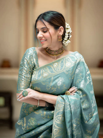 PURE SEMI SILK SAREE WEAVED WITH COPPER ZARI COMES WITH HEAVY BANARASI BROCADE BLOUSE