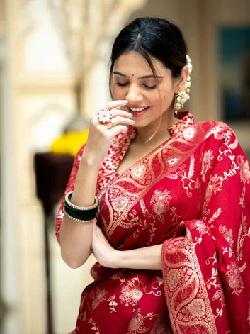 PURE SEMI SILK SAREE WEAVED WITH COPPER ZARI COMES WITH HEAVY BANARASI BROCADE BLOUSE