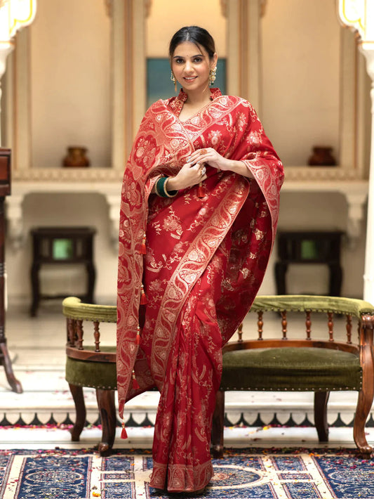 PURE SEMI SILK SAREE WEAVED WITH COPPER ZARI COMES WITH HEAVY BANARASI BROCADE BLOUSE