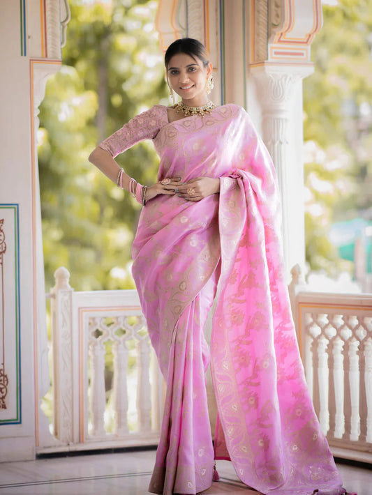 PURE SEMI SILK SAREE WEAVED WITH COPPER ZARI COMES WITH HEAVY BANARASI BROCADE BLOUSE