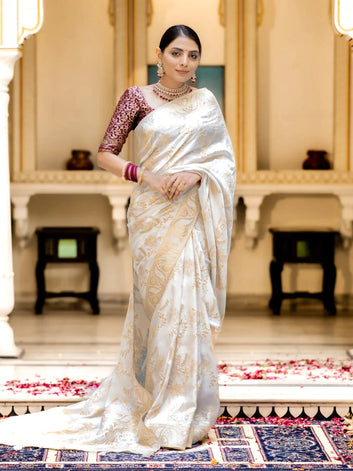 PURE SEMI SILK SAREE WEAVED WITH COPPER ZARI COMES WITH HEAVY BANARASI BROCADE BLOUSE