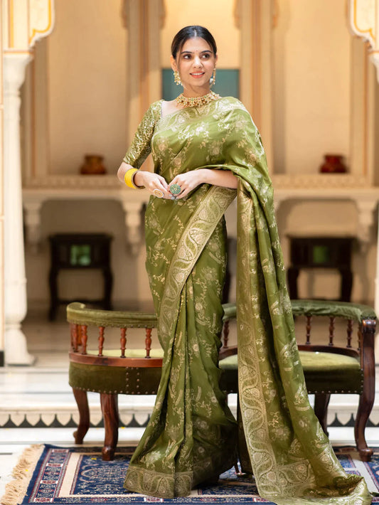 PURE SEMI SILK SAREE WEAVED WITH COPPER ZARI COMES WITH HEAVY BANARASI BROCADE BLOUSE