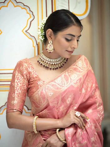 PURE SEMI SILK SAREE WEAVED WITH COPPER ZARI COMES WITH HEAVY BANARASI BROCADE BLOUSE